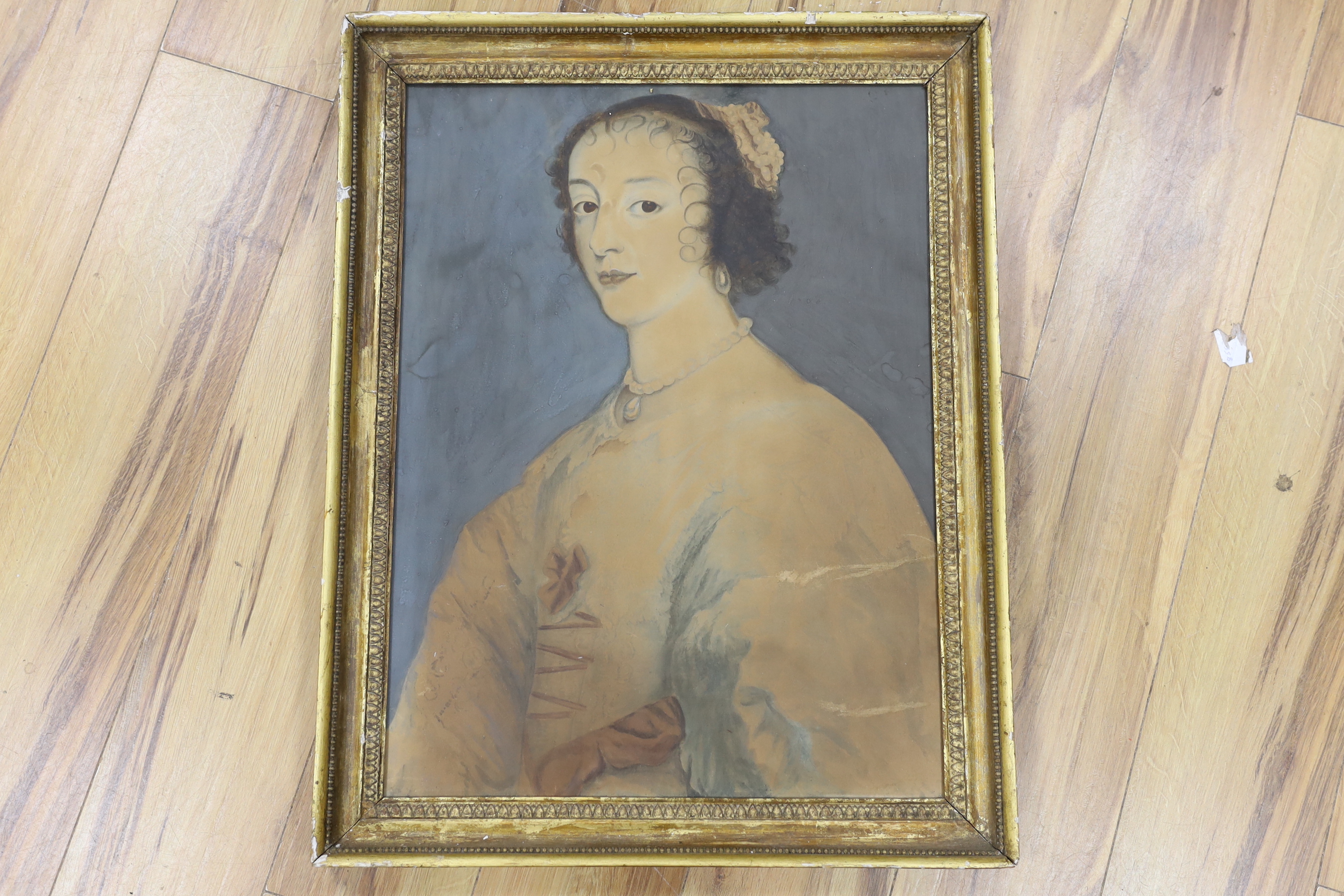 English School, watercolour, Portrait of a 17th century lady, 60 x 45cm